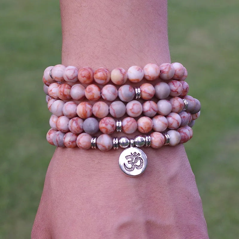 8mm Natural Stone Beads Tibetan Silver Handmade 108 Mala Bracelet