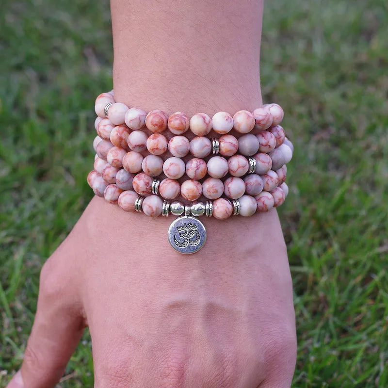 8mm Natural Stone Beads Tibetan Silver Handmade 108 Mala Bracelet