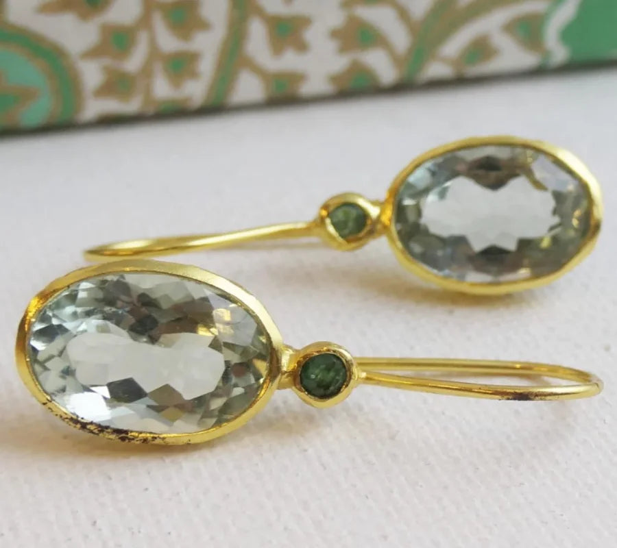 Gold Color Oval Green Colour Dangle Earring