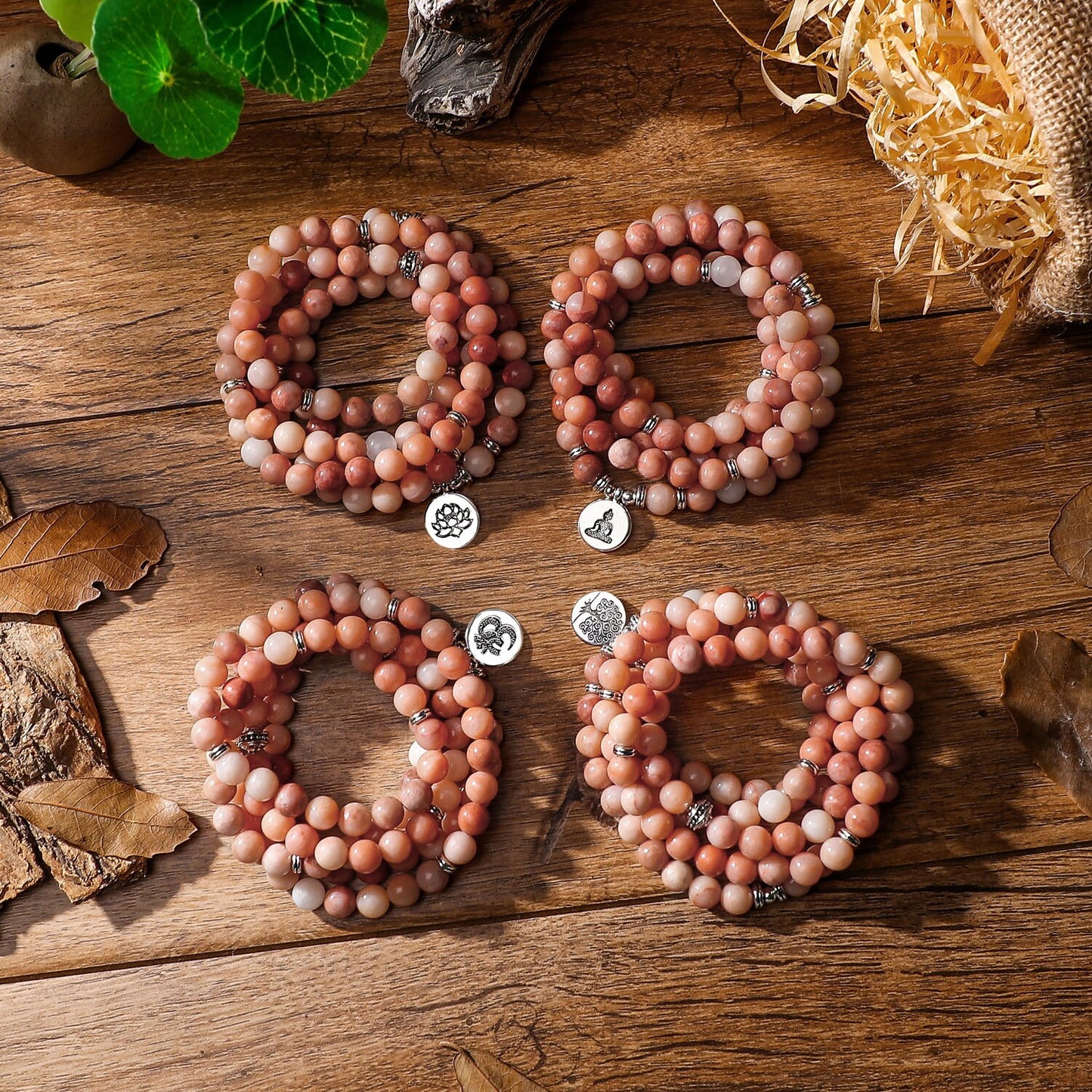 Pink Aventurine Beads With Lotus OM Buddha Charm Yoga Men Bracelet 108 Mala Necklace