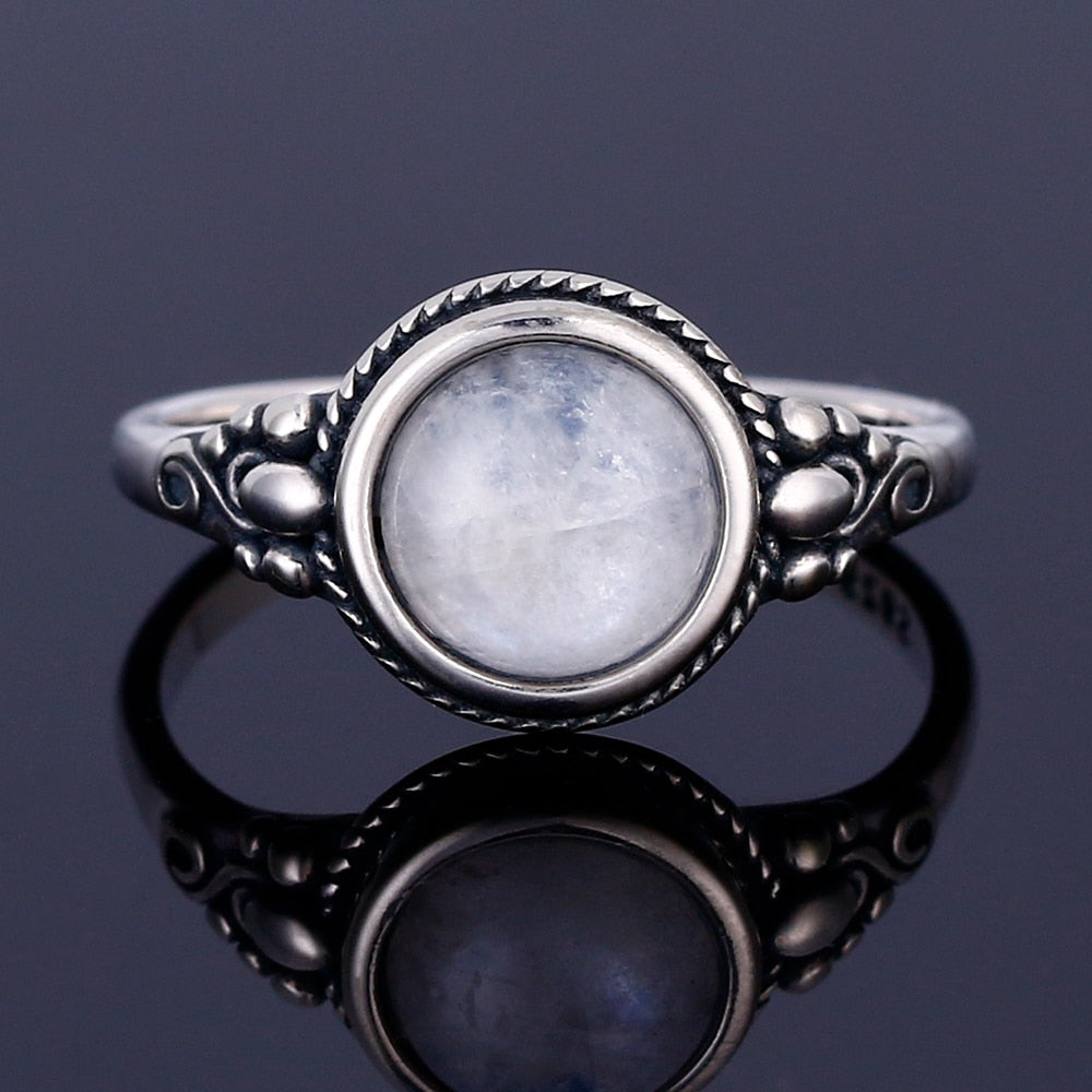 925 Sterling Silver Ring Round 8MM Natural Moonstone