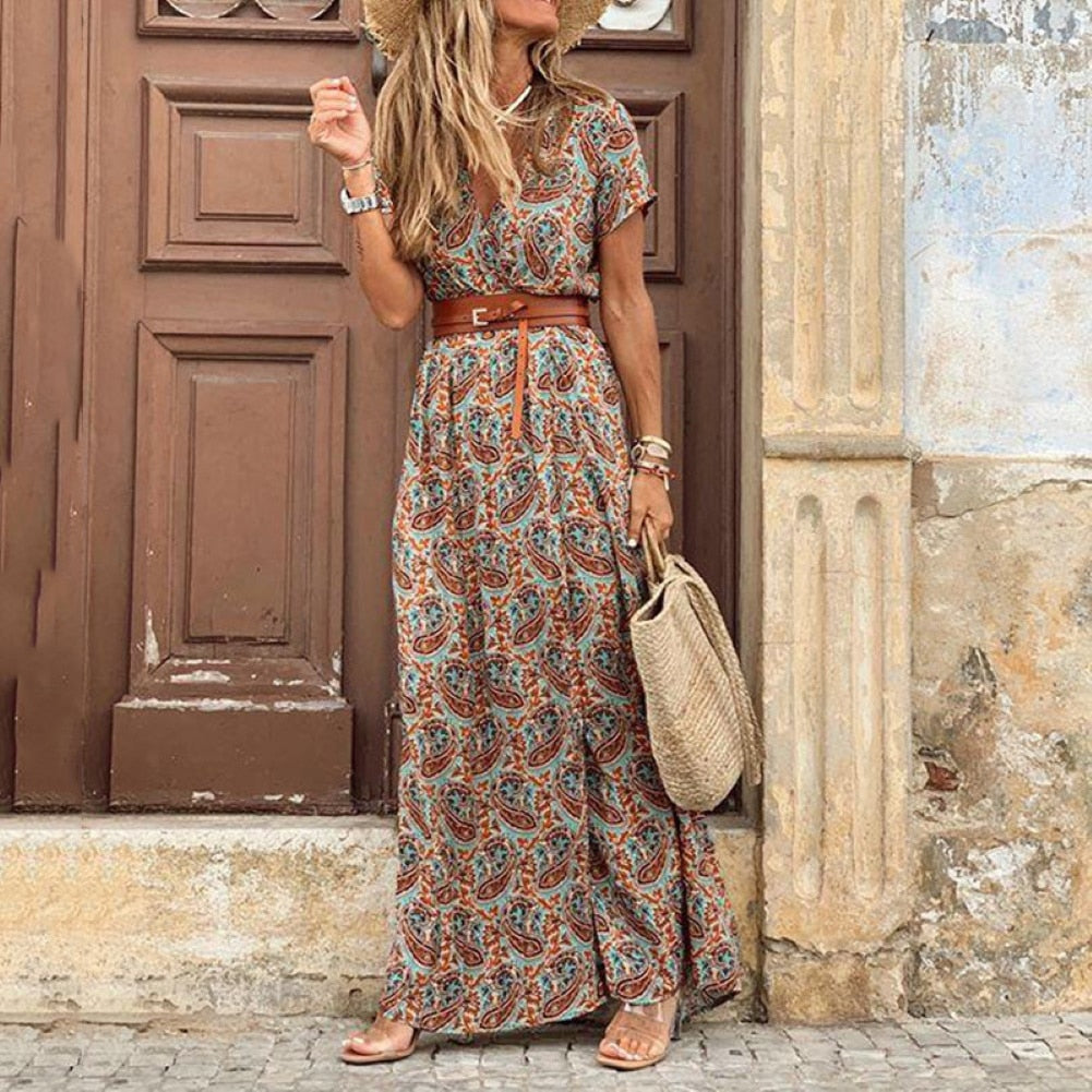 Paisley Print Maxi Dress with Belt