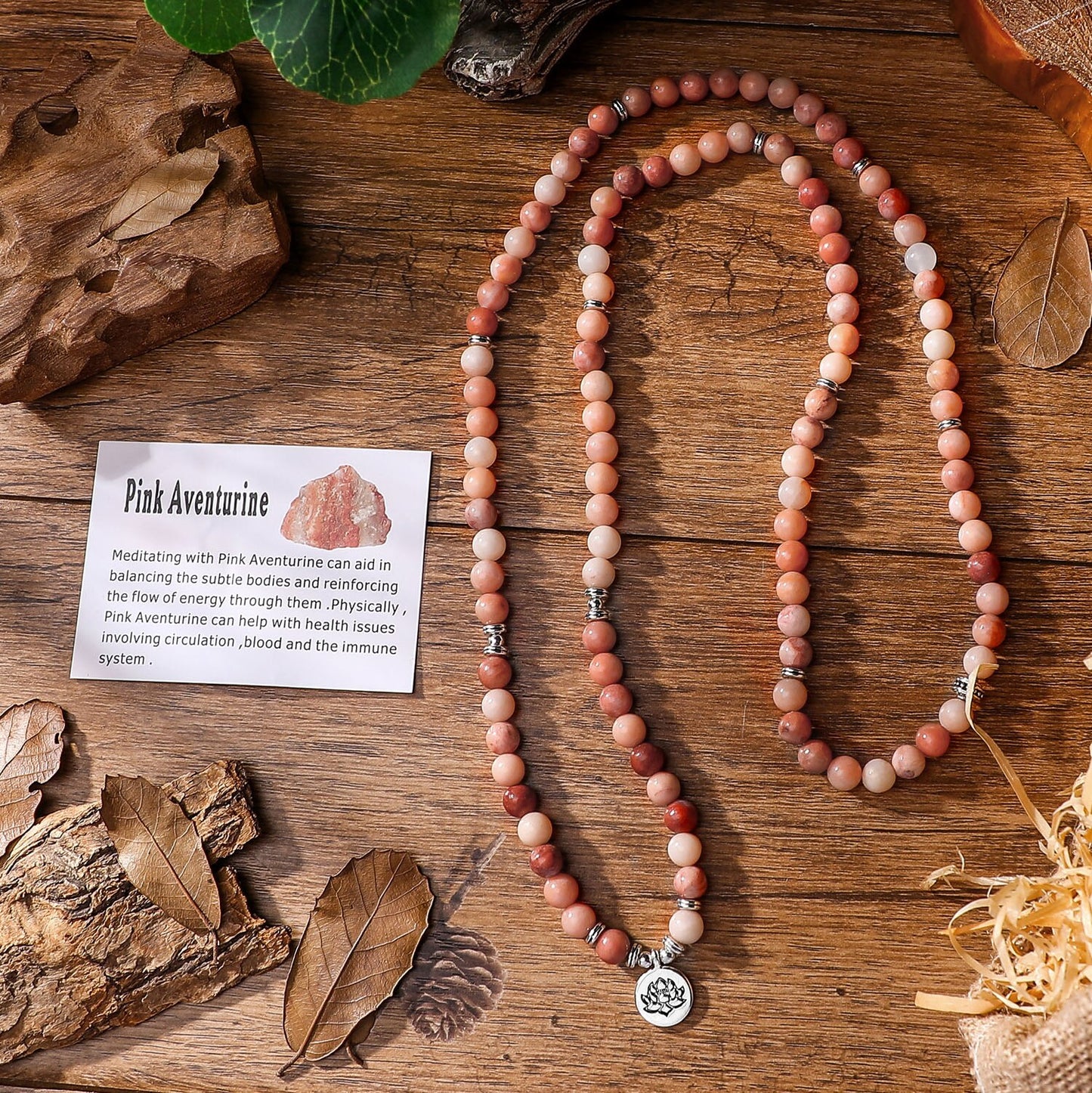 Pink Aventurine Beads With Lotus OM Buddha Charm Yoga Men Bracelet 108 Mala Necklace