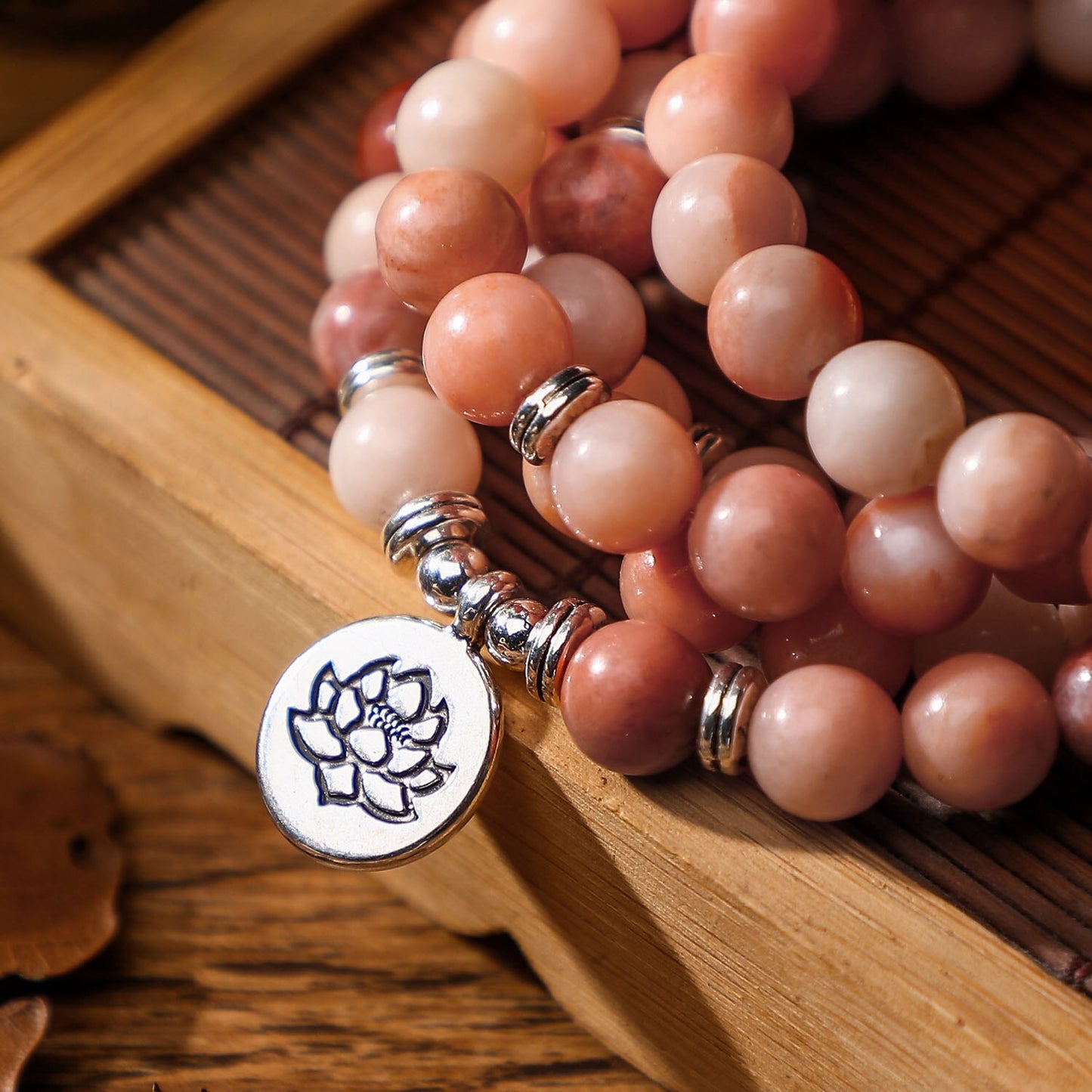 Pink Aventurine Beads With Lotus OM Buddha Charm Yoga Men Bracelet 108 Mala Necklace