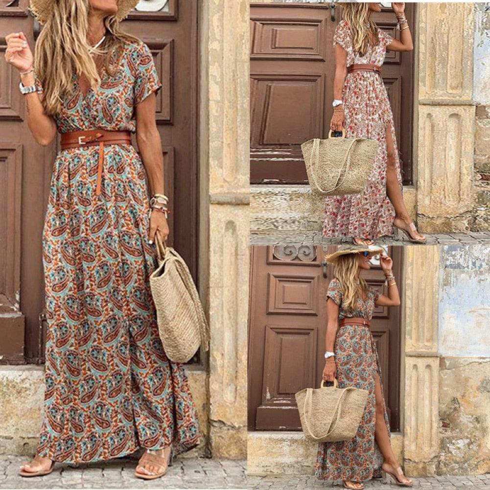 Paisley Print Maxi Dress with Belt