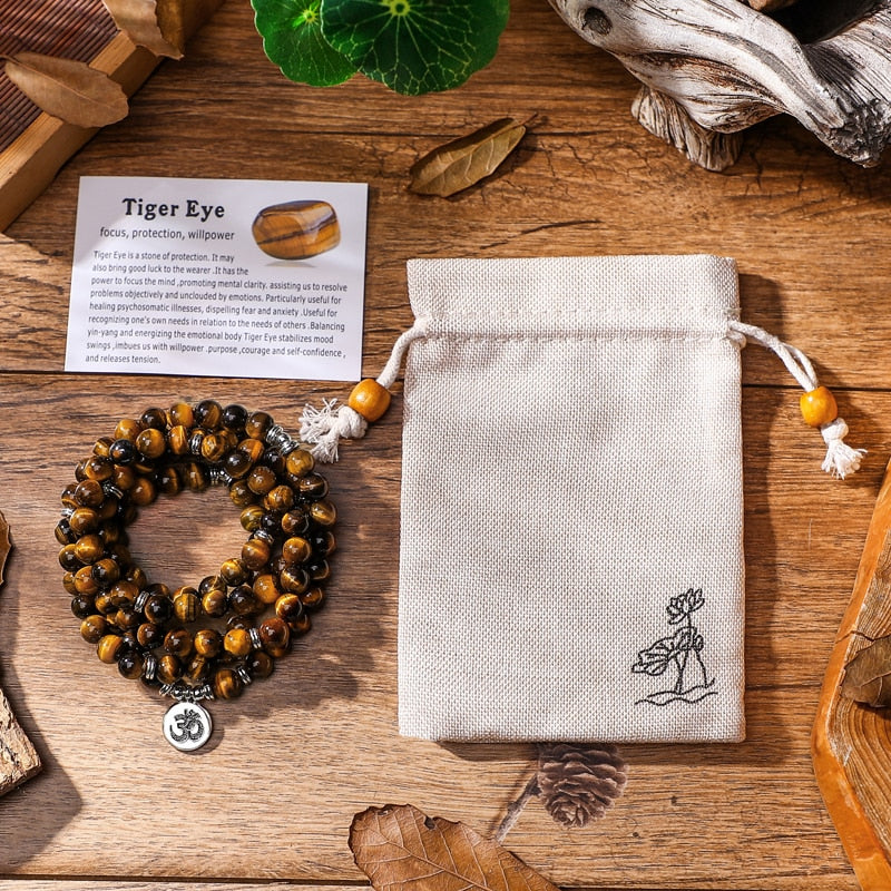 Natural Tiger Eye 108 Mala Prayer Bracelet For Meditation