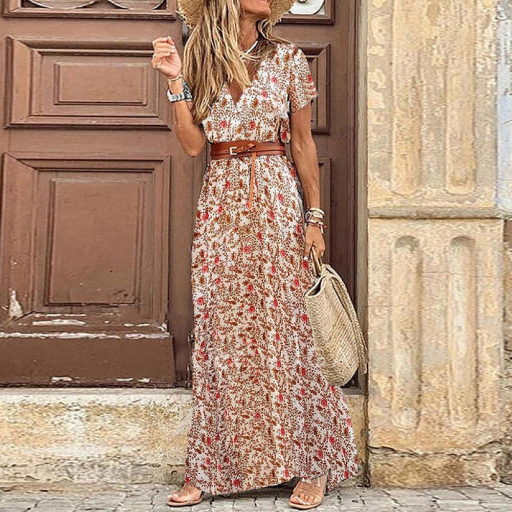 Paisley Print Maxi Dress with Belt