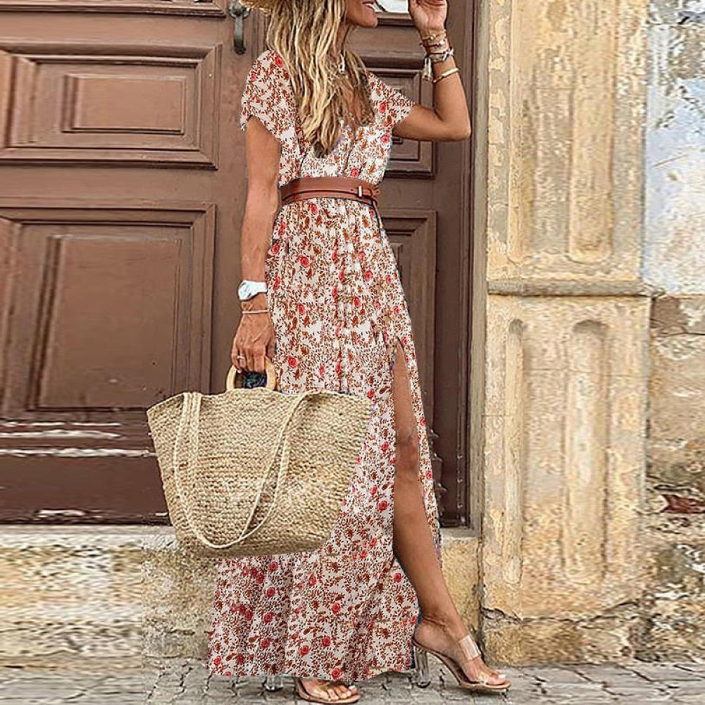 Paisley Print Maxi Dress with Belt