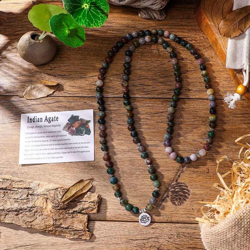 Indian Agate 108 Mala Prayer Bracelet For Meditation