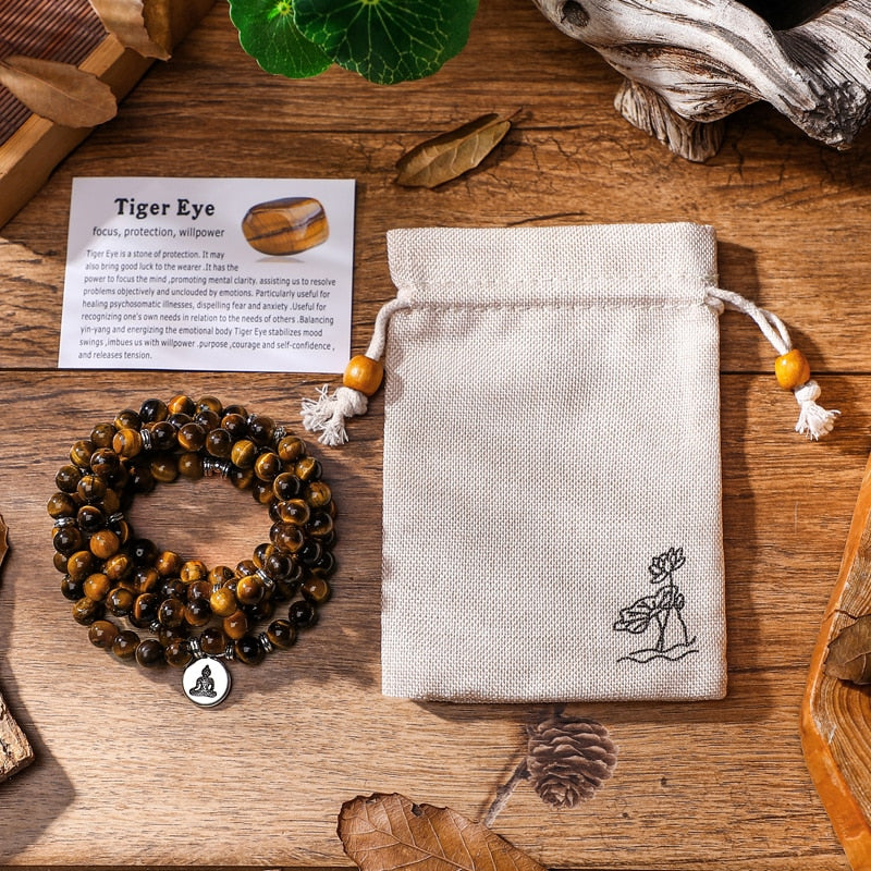 Natural Tiger Eye 108 Mala Prayer Bracelet For Meditation