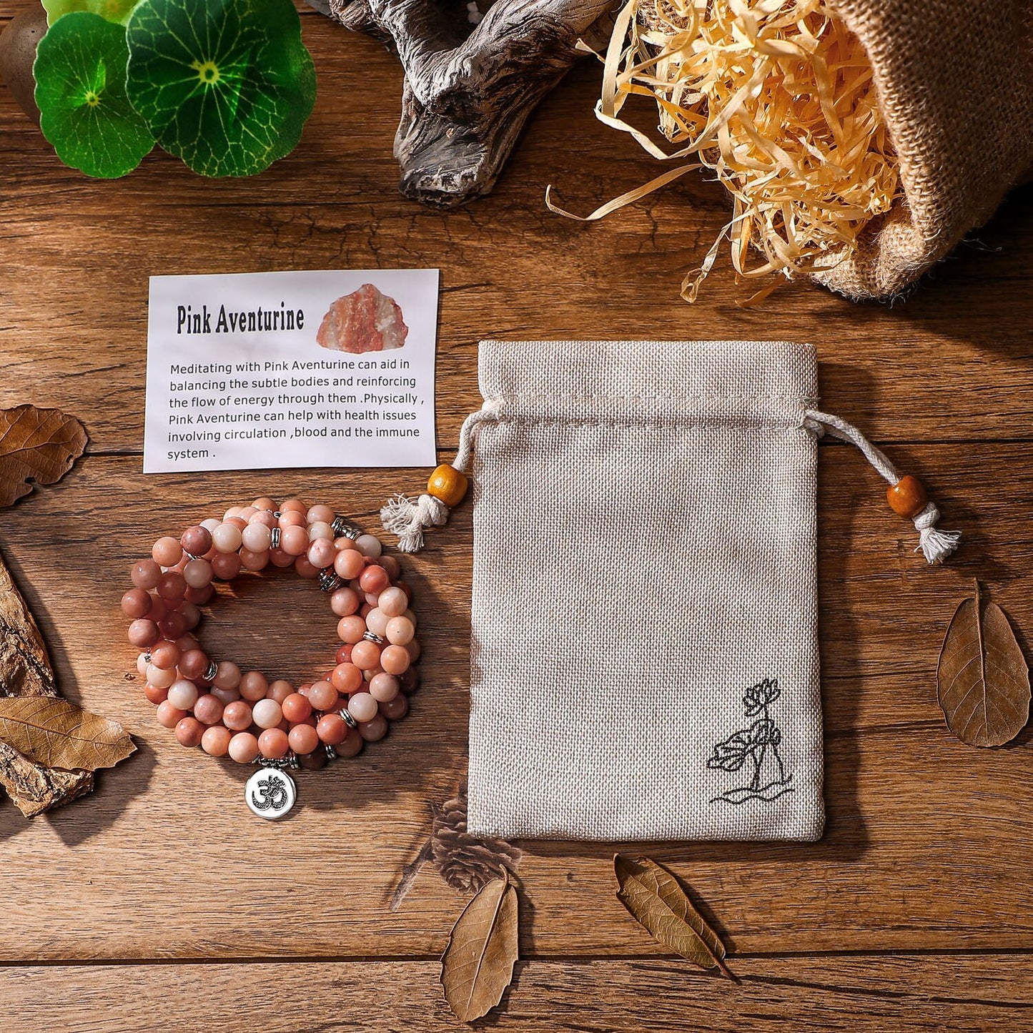 Pink Aventurine Beads With Lotus OM Buddha Charm Yoga Men Bracelet 108 Mala Necklace