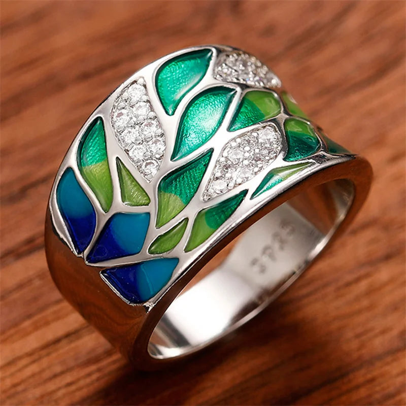 Green Blue Waterflow Enamel Ring