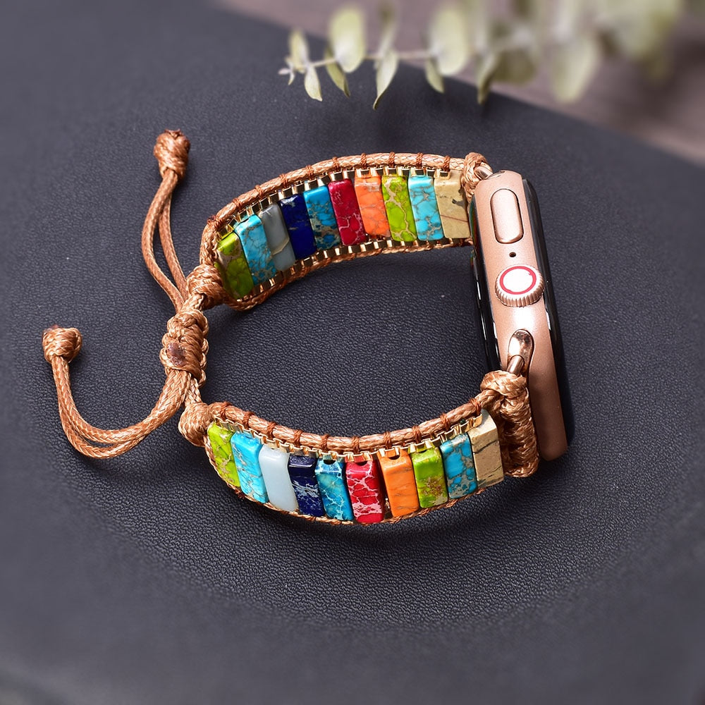 Bohemia Natural Stone Jasper Wax Rope Weave Chakras Apple Watch Band 38mm-45mm for Iwatch Series 1-7 watchband