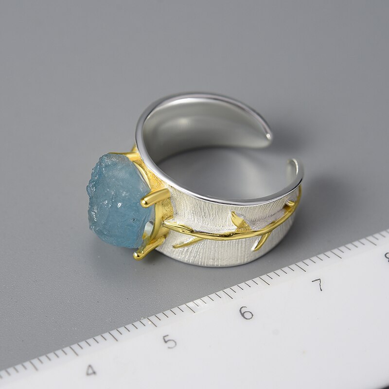 Lotus Fun Long Leaves Natural Aquamarine Ring