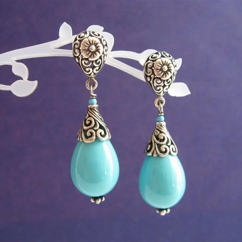 Vintage  Hand Carved Flower Water Drop Earrings
