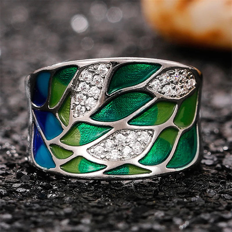 Green Blue Waterflow Enamel Ring
