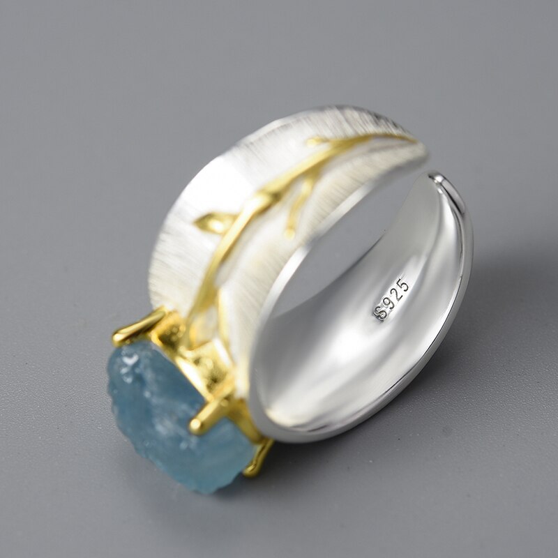 Lotus Fun Long Leaves Natural Aquamarine Ring