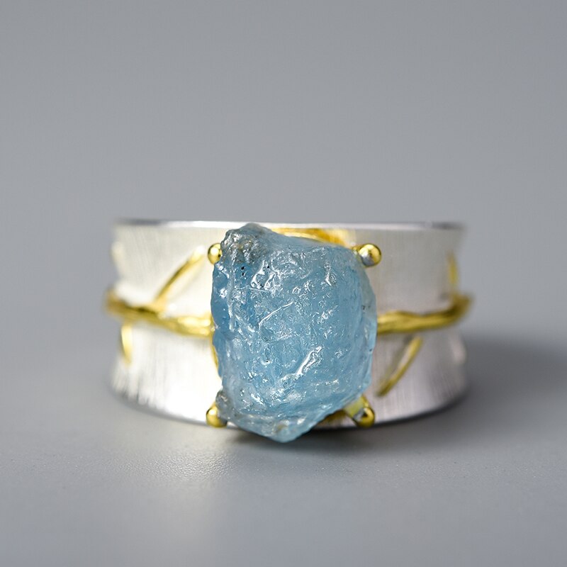 Lotus Fun Long Leaves Natural Aquamarine Ring