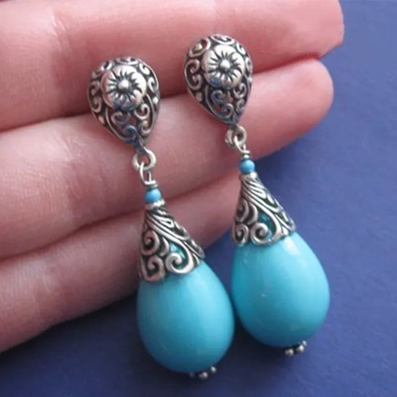 Vintage  Hand Carved Flower Water Drop Earrings