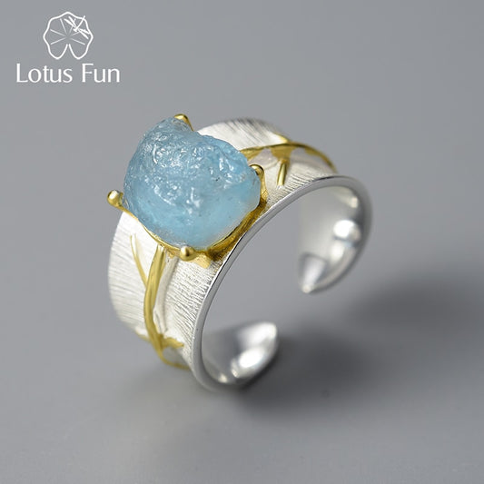 Lotus Fun Long Leaves Natural Aquamarine Ring