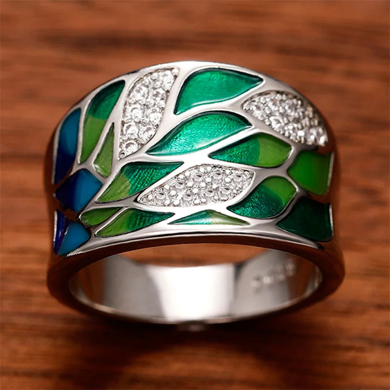 Green Blue Waterflow Enamel Ring