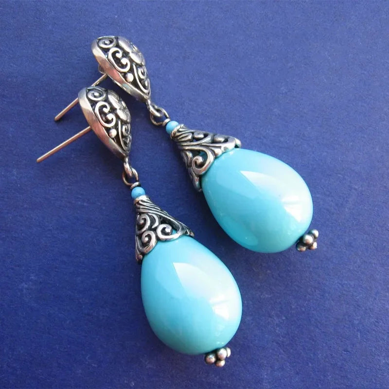 Vintage  Hand Carved Flower Water Drop Earrings