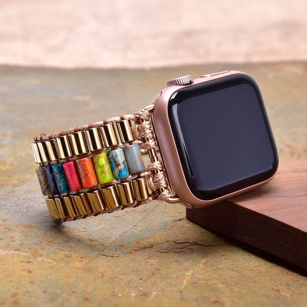 Bohemia Natural Stone Jasper Wax Rope Weave Chakras Apple Watch Band 38mm-45mm for Iwatch Series 1-7 watchband