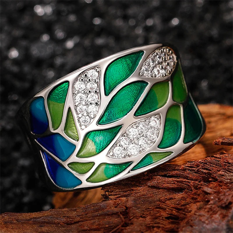 Green Blue Waterflow Enamel Ring
