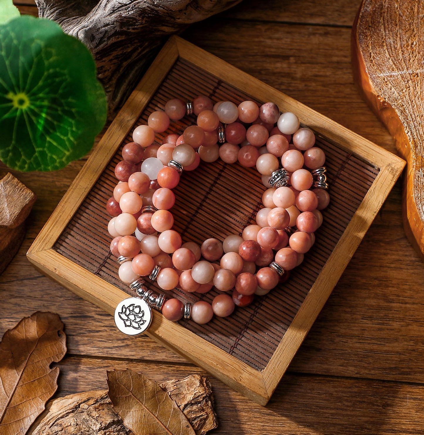 Pink Aventurine Beads With Lotus OM Buddha Charm Yoga Men Bracelet 108 Mala Necklace